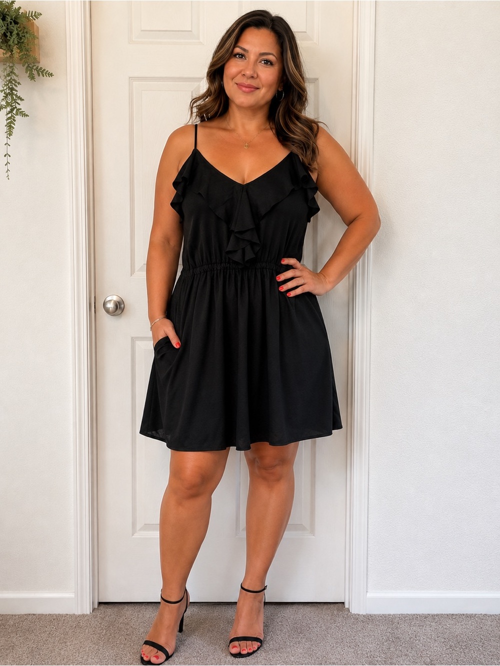Jennifer Lopez Black Ruffle V-Neck Mini Dress